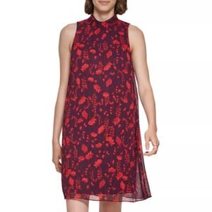 Tommy Hilfiger Margo Floral Trapeze Dress 12‎ Red Sleeveless Chiffon Flowy Swing